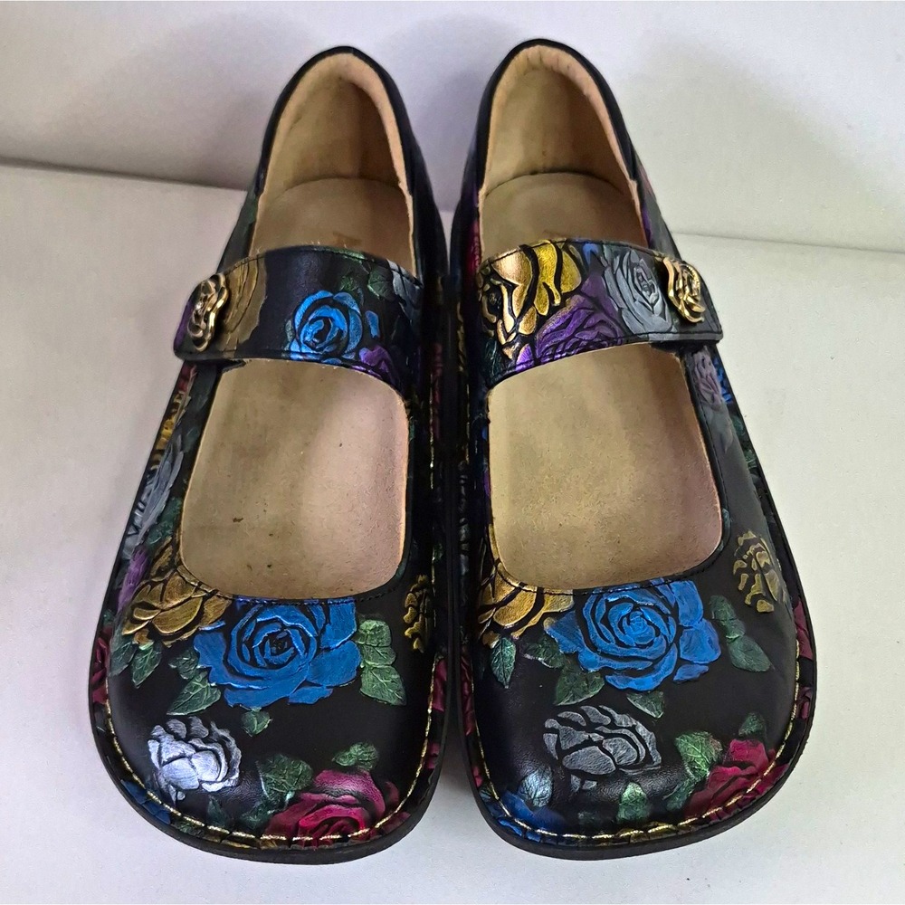 Alegria Black Floral Leather Mary Jane Flats Round Toe Button Womens Size 12